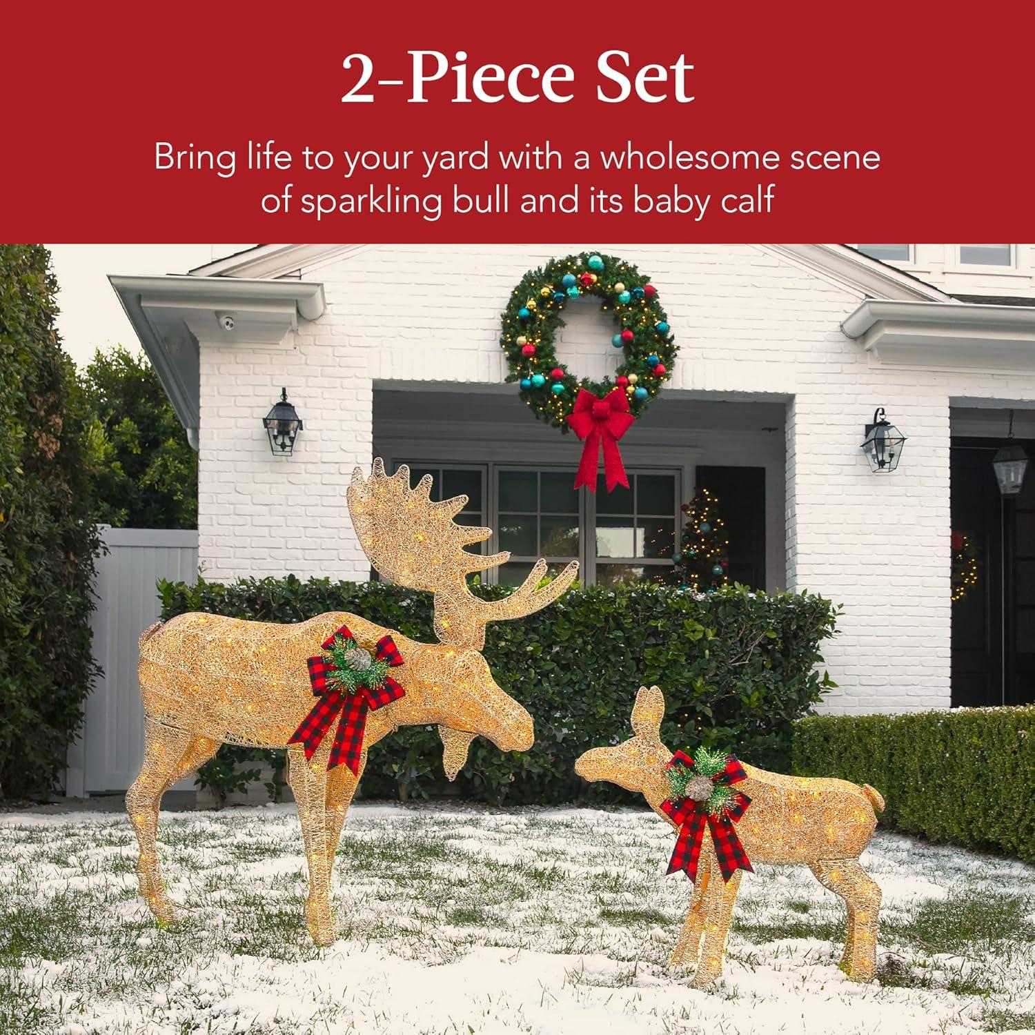 imageBest Choice Products 2Piece Moose Family Lighted Outdoor AllWeather Christmas Yard Decoration LightUp Dcor Set w 170 LED Lights Ground Stakes Zip Ties  GoldGold  Large