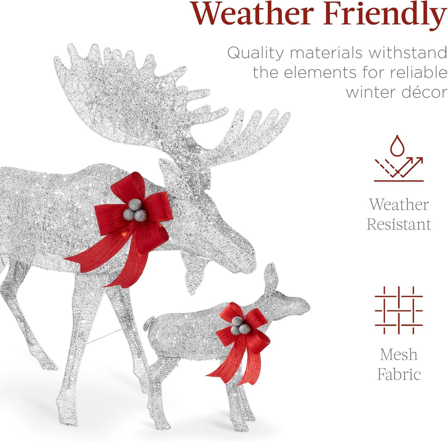 imageBest Choice Products 2Piece Moose Family Lighted Outdoor AllWeather Christmas Yard Decoration LightUp Dcor Set w 170 LED Lights Ground Stakes Zip Ties  GoldSilver  Extra Large