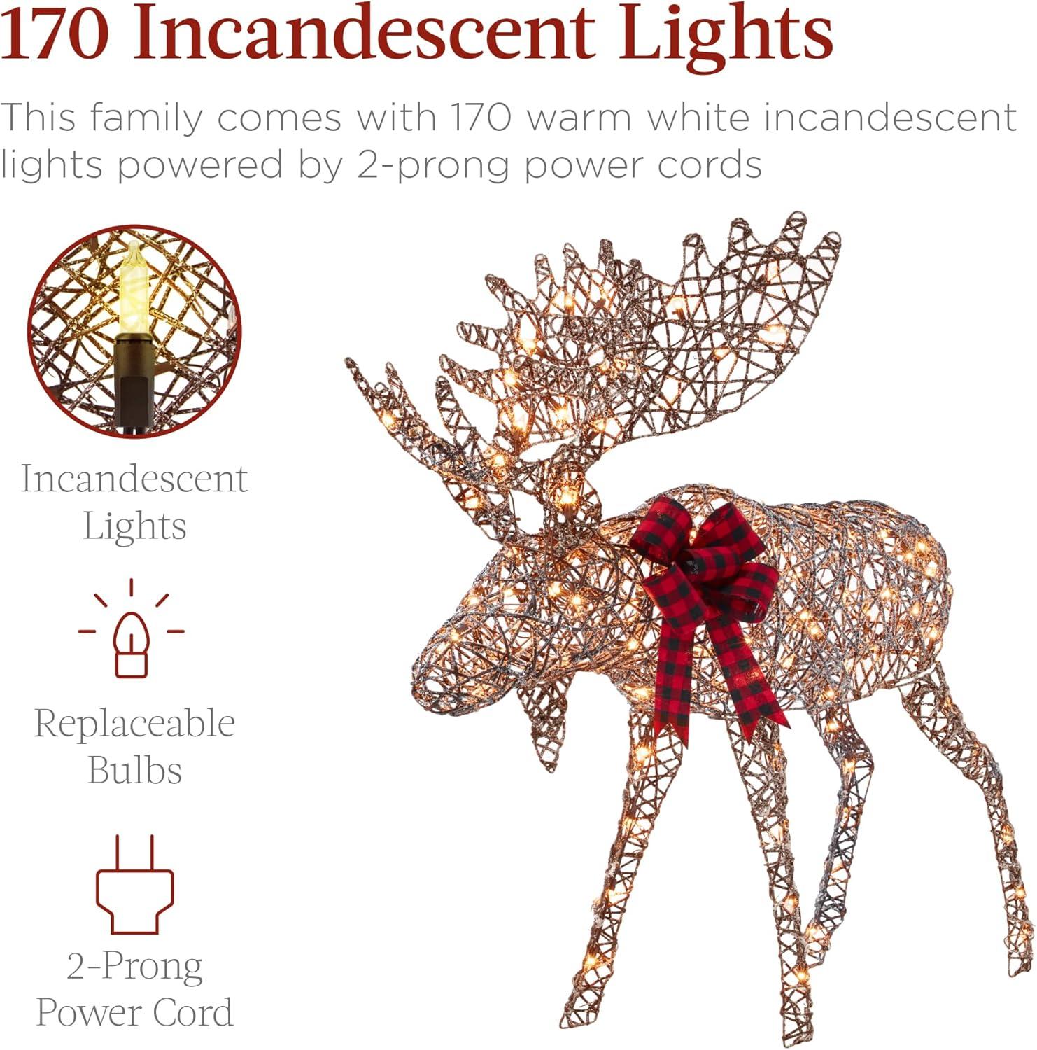 imageBest Choice Products 2Piece Moose Family Lighted Outdoor AllWeather Christmas Yard Decoration LightUp Dcor Set w 170 LED Lights Ground Stakes Zip Ties  GoldRattan  Large