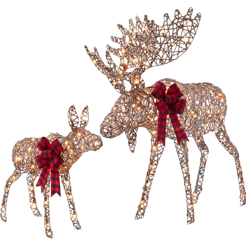 imageBest Choice Products 2Piece Moose Family Lighted Outdoor AllWeather Christmas Yard Decoration LightUp Dcor Set w 170 LED Lights Ground Stakes Zip Ties  GoldRattan  Extra Large