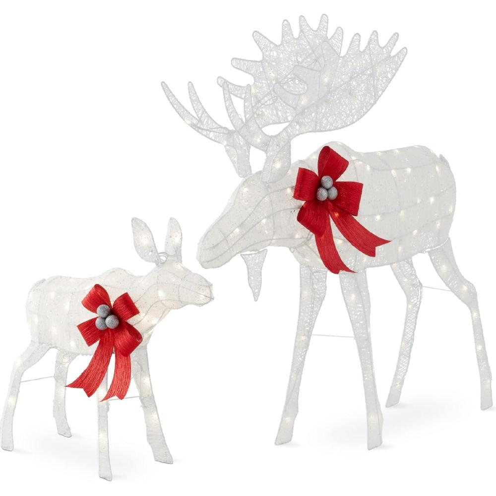imageBest Choice Products 2Piece Moose Family Lighted Outdoor AllWeather Christmas Yard Decoration LightUp Dcor Set w 170 LED Lights Ground Stakes Zip Ties  GoldWhite  Extra Large