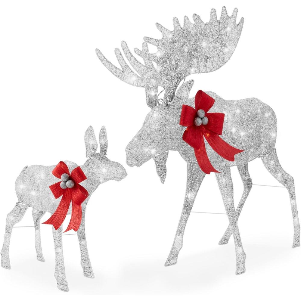 imageBest Choice Products 2Piece Moose Family Lighted Outdoor AllWeather Christmas Yard Decoration LightUp Dcor Set w 170 LED Lights Ground Stakes Zip Ties  GoldSilver  Extra Large