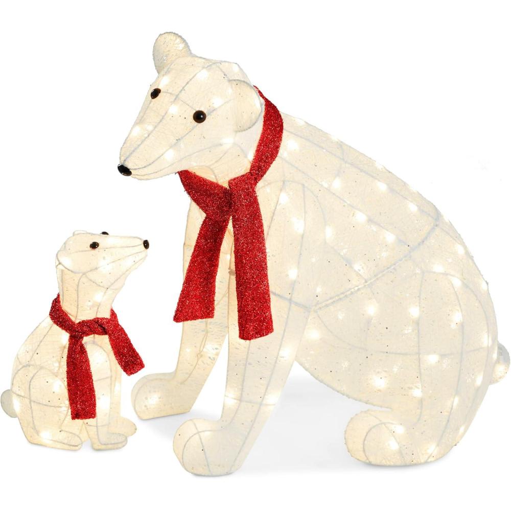 imageBest Choice Products 32in 2Piece Lighted Polar Bear Family Large AllWeather PreLit Outdoor Christmas Dcor for Front Yard Lawn w 145 PreStrung LED Lights Zip Ties Ground Stakes  RedWhite