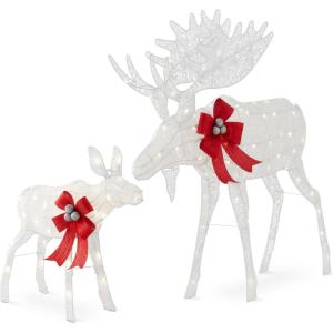 imageBest Choice Products 2Piece Moose Family Lighted Outdoor AllWeather Christmas Yard Decoration LightUp Dcor Set w 170 LED Lights Ground Stakes Zip Ties  GoldWhite  Extra Large