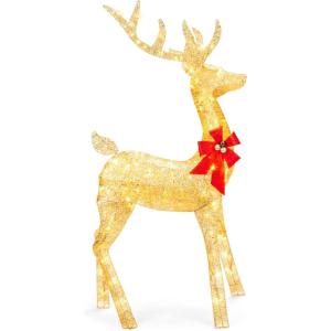 imageBest Choice Products 5ft 3D PreLit Gold Glitter Christmas Reindeer Buck Holiday Yard Decoration w 150 LED Lights Red Bow Stakes ampamp Zip Ties
