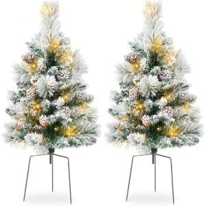 imageBest Choice Products Set of 2 245in Outdoor Pathway Christmas Trees Battery Operated PreLit Holiday Dcor wLED Lights Red Berries Pine ConesFlocked