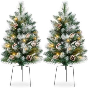 imageBest Choice Products Set of 2 245in Outdoor Pathway Christmas Trees Battery Operated PreLit Holiday Dcor wLED Lights Red Berries Pine ConesFrosted