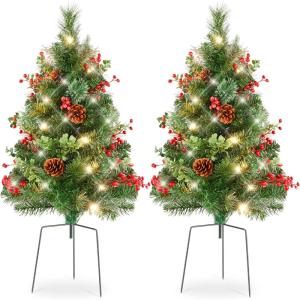 imageBest Choice Products Set of 2 245in Outdoor Pathway Christmas Trees Battery Operated PreLit Holiday Dcor wLED Lights Red Berries Pine ConesGreen WBerries