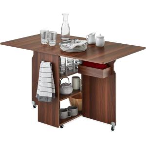 imageBest Choice Products Folding Dining Table Multipurpose Space Saving Collapsible Drop Leaf Extension Desk wWheels 3 Storage Shelves  BrownBrown