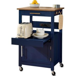 imageBest Choice Products Rolling Kitchen Island Cart Single Door Cabinet wDrawer Sliding Tray Hidden Outlet Hooks ampamp Lockable Wheels  Midnight BlueMidnight Blue