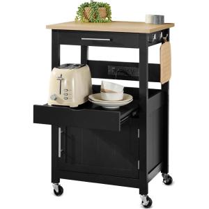imageBest Choice Products Rolling Kitchen Island Cart Single Door Cabinet wDrawer Sliding Tray Hidden Outlet Hooks ampamp Lockable Wheels  Midnight BlueOnyx Black