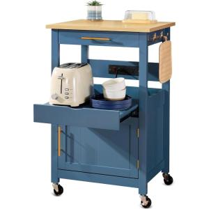 imageBest Choice Products Rolling Kitchen Island Cart Single Door Cabinet wDrawer Sliding Tray Hidden Outlet Hooks ampamp Lockable Wheels  Midnight BlueSlate Blue