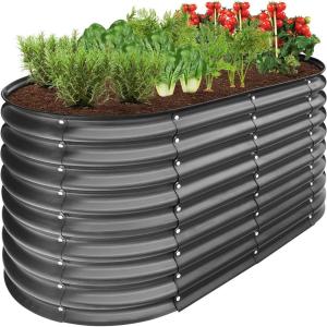imageBest Choice Products 4x2x2ft Outdoor Metal Raised Garden Bed Oval Deep Root Planter Box for Vegetables Flowers Herbs and Succulents w 101 Gallon Capacity Rubber Edge Guard  CharcoalCharcoal