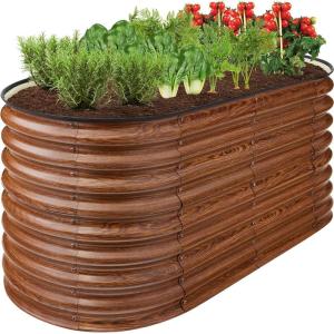 imageBest Choice Products 4x2x2ft Outdoor Metal Raised Garden Bed Oval Deep Root Planter Box for Vegetables Flowers Herbs and Succulents w 101 Gallon Capacity Rubber Edge Guard  CharcoalWood Grain