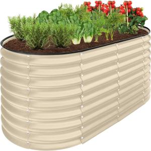 imageBest Choice Products 4x2x2ft Outdoor Metal Raised Garden Bed Oval Deep Root Planter Box for Vegetables Flowers Herbs and Succulents w 101 Gallon Capacity Rubber Edge Guard  CharcoalBeige
