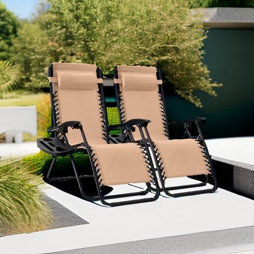 imageBest Choice Products Set of 2 Adjustable Steel Mesh Zero Gravity Lounge Chair Recliners wPillows and Cup Holder Trays  Sage GreenBeige