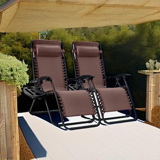 imageBest Choice Products Set of 2 Adjustable Steel Mesh Zero Gravity Lounge Chair Recliners wPillows and Cup Holder Trays  Sage GreenBrown