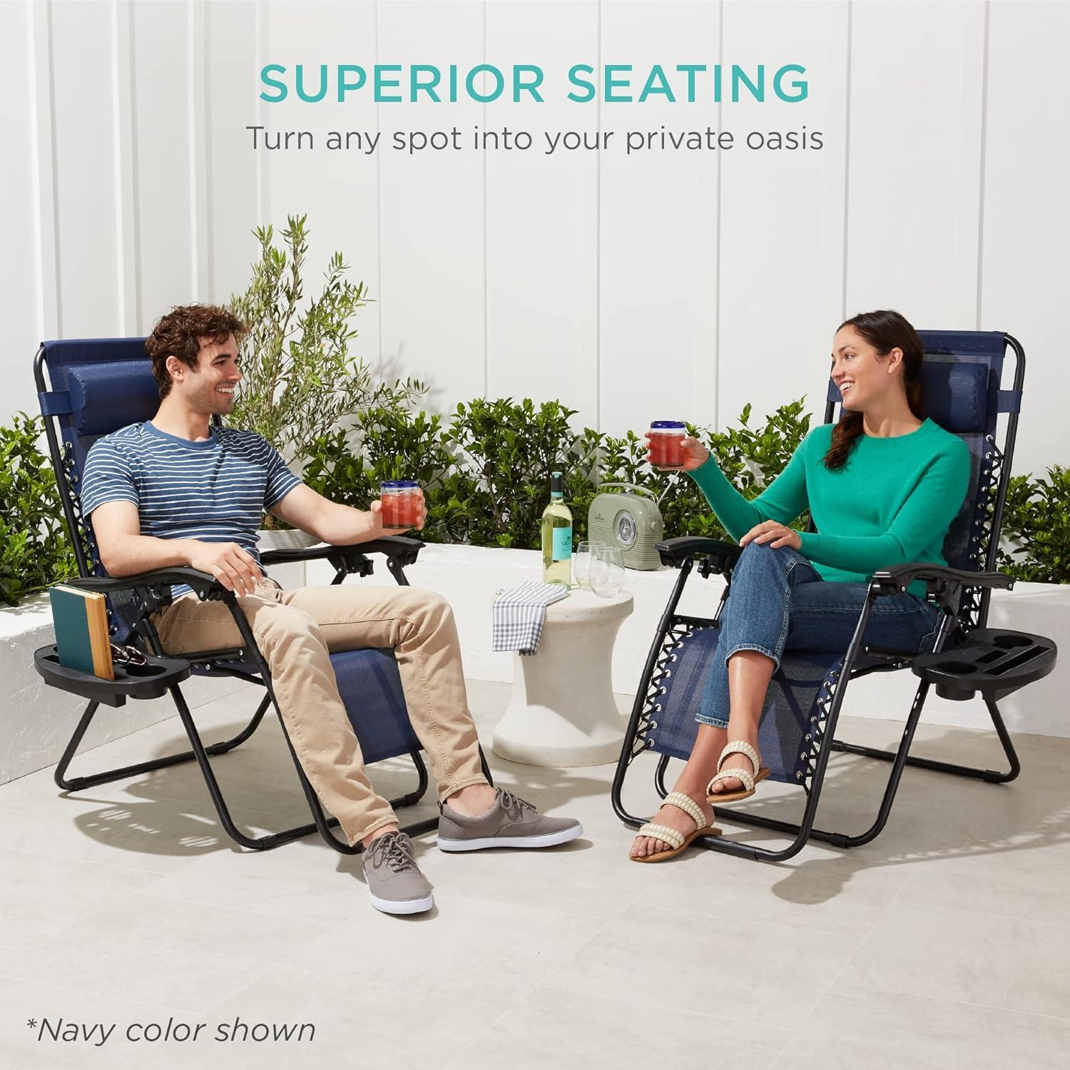 imageBest Choice Products Set of 2 Adjustable Steel Mesh Zero Gravity Lounge Chair Recliners wPillows and Cup Holder Trays  Sage GreenBrown