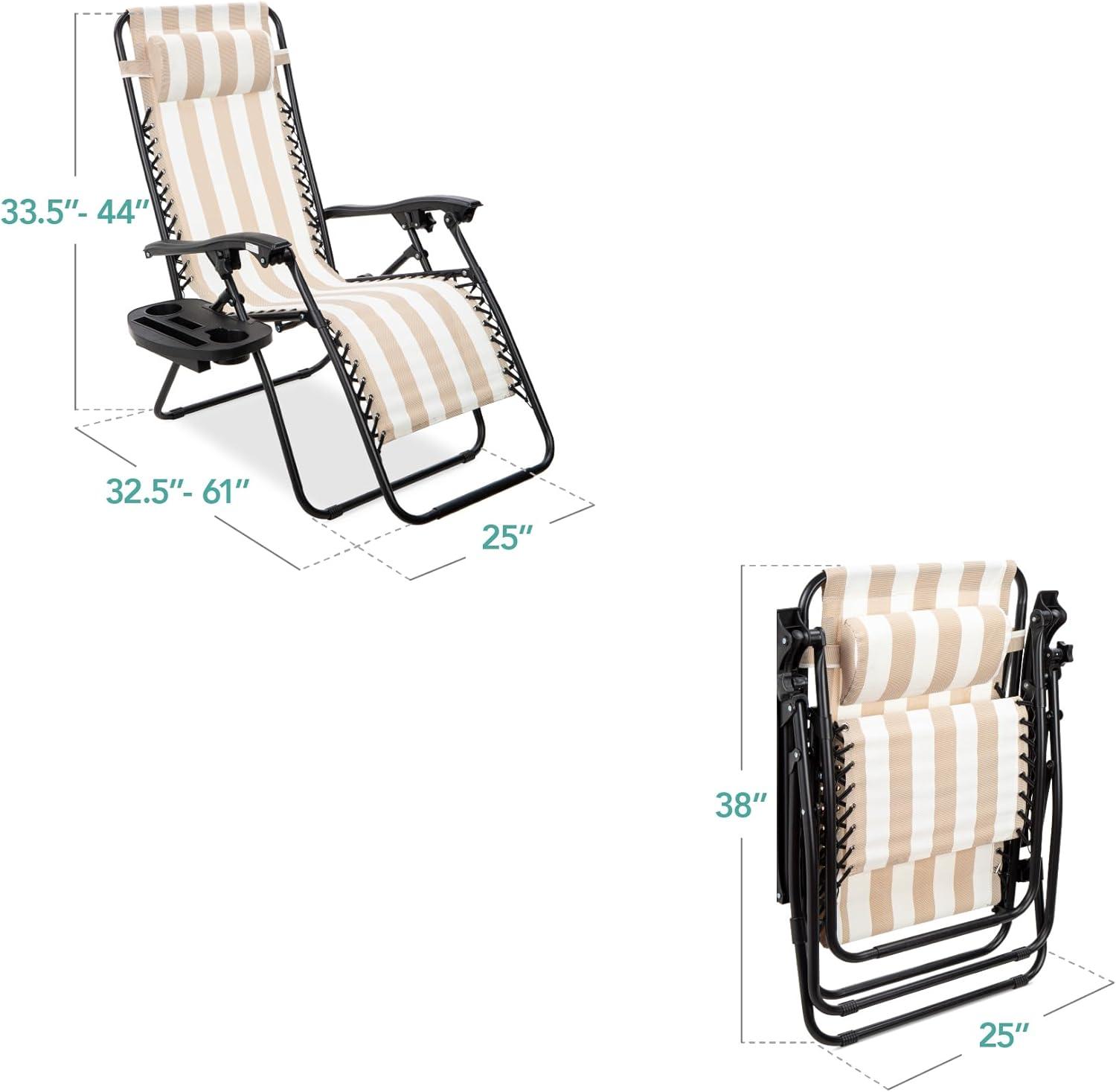 imageBest Choice Products Set of 2 Adjustable Steel Mesh Zero Gravity Lounge Chair Recliners wPillows and Cup Holder Trays  Sage GreenTan Striped
