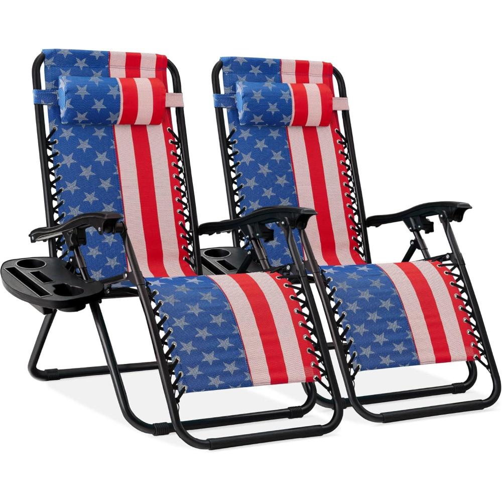 imageBest Choice Products Set of 2 Adjustable Steel Mesh Zero Gravity Lounge Chair Recliners wPillows and Cup Holder Trays  Sage GreenAmerican Flag
