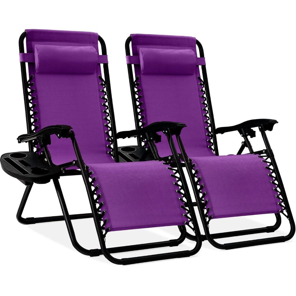 imageBest Choice Products Set of 2 Adjustable Steel Mesh Zero Gravity Lounge Chair Recliners wPillows and Cup Holder Trays  Sage GreenAmethyst Purple