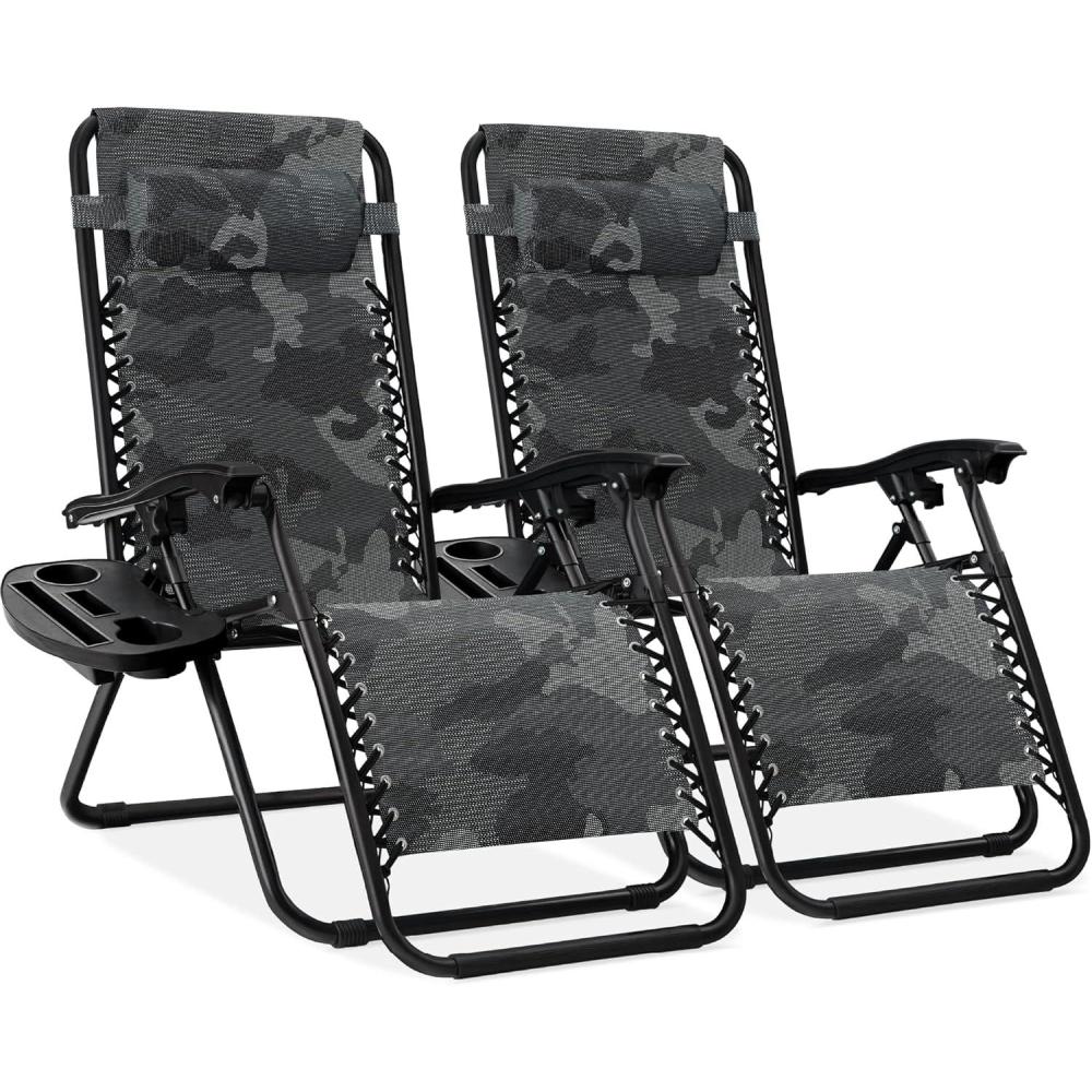imageBest Choice Products Set of 2 Adjustable Steel Mesh Zero Gravity Lounge Chair Recliners wPillows and Cup Holder Trays  Sage GreenCamouflage