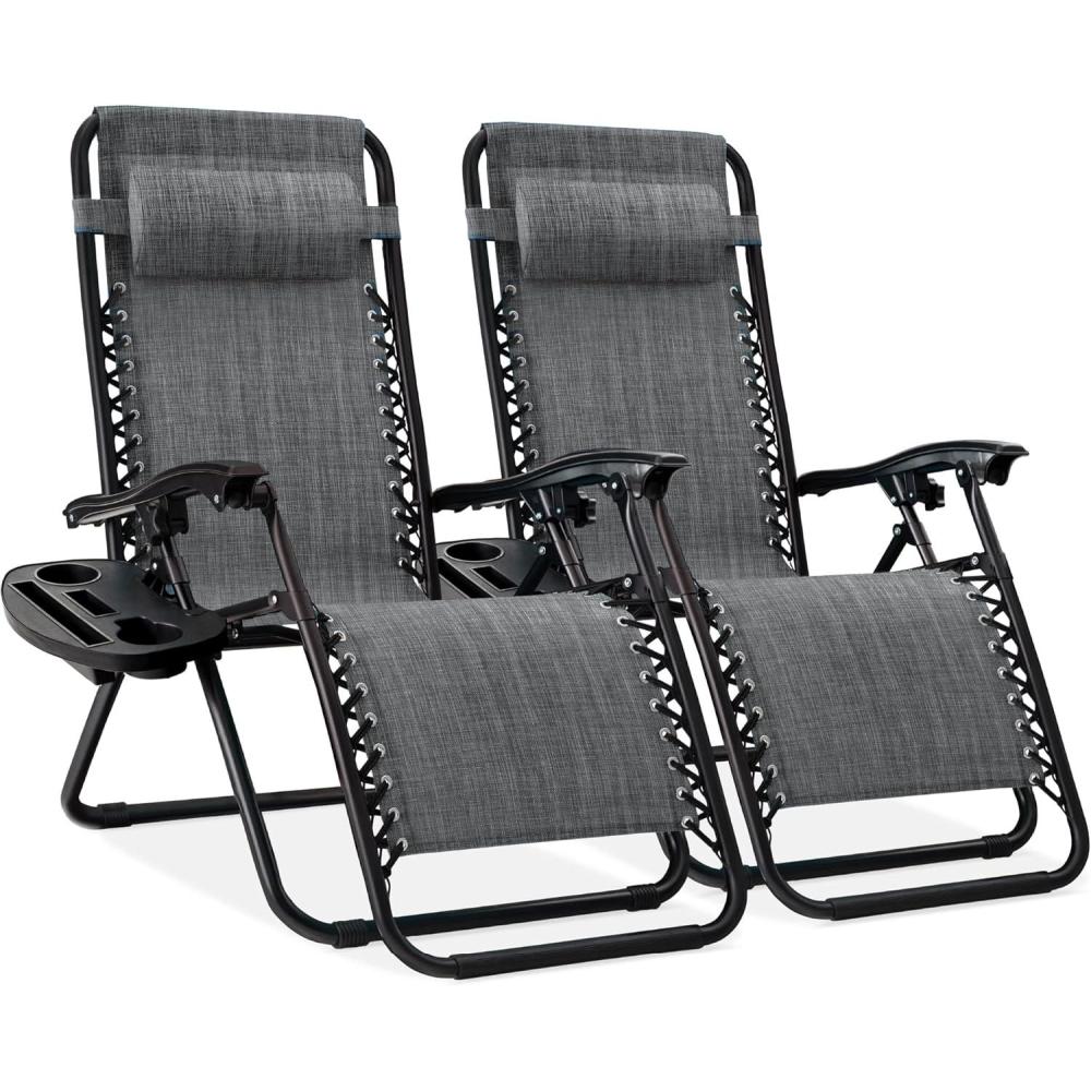 imageBest Choice Products Set of 2 Adjustable Steel Mesh Zero Gravity Lounge Chair Recliners wPillows and Cup Holder Trays  Sage GreenGrey