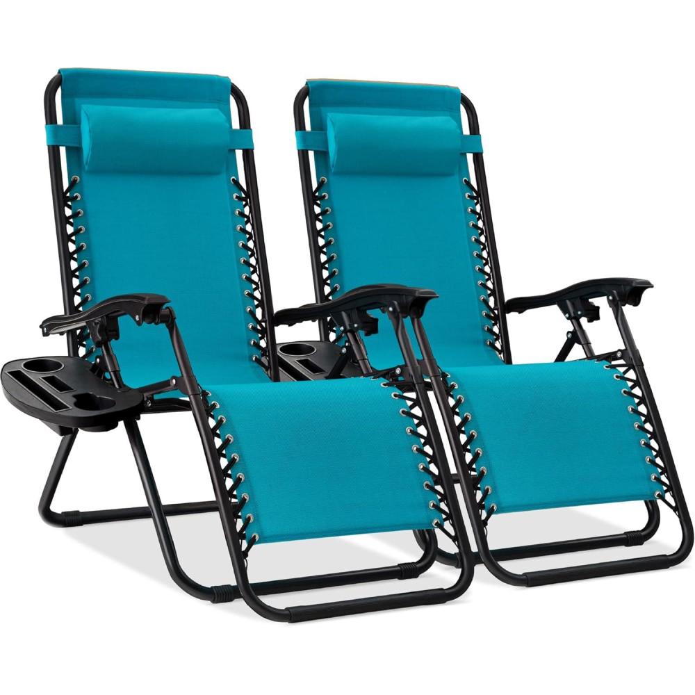 imageBest Choice Products Set of 2 Adjustable Steel Mesh Zero Gravity Lounge Chair Recliners wPillows and Cup Holder Trays  Sage GreenPeacock Blue