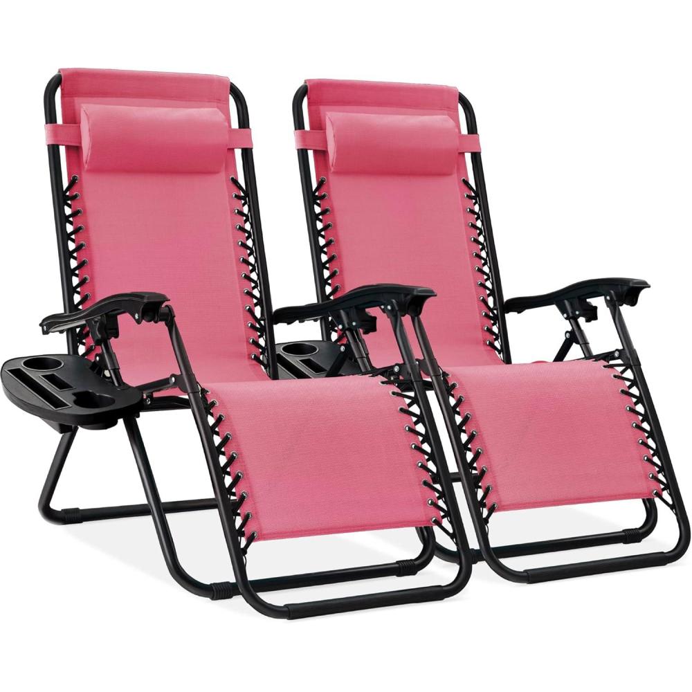 imageBest Choice Products Set of 2 Adjustable Steel Mesh Zero Gravity Lounge Chair Recliners wPillows and Cup Holder Trays  Sage GreenPink