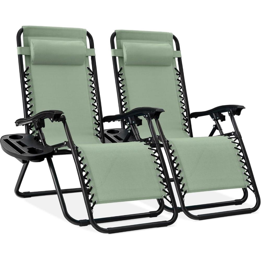 imageBest Choice Products Set of 2 Adjustable Steel Mesh Zero Gravity Lounge Chair Recliners wPillows and Cup Holder Trays  Sage GreenSage Green