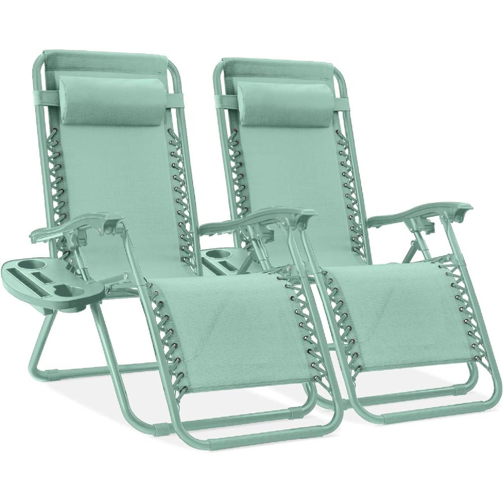 imageBest Choice Products Set of 2 Adjustable Steel Mesh Zero Gravity Lounge Chair Recliners wPillows and Cup Holder Trays  Sage GreenSeafoam
