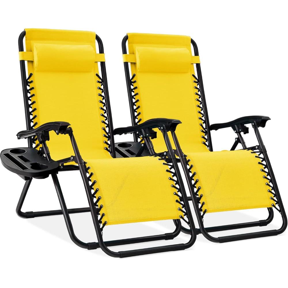 imageBest Choice Products Set of 2 Adjustable Steel Mesh Zero Gravity Lounge Chair Recliners wPillows and Cup Holder Trays  Sage GreenSunflower Yellow