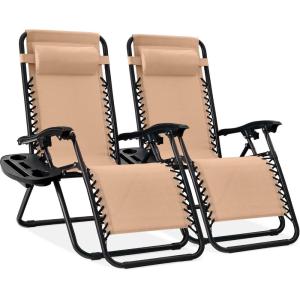 imageBest Choice Products Set of 2 Adjustable Steel Mesh Zero Gravity Lounge Chair Recliners wPillows and Cup Holder Trays  Sage GreenBeige