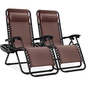 imageBest Choice Products Set of 2 Adjustable Steel Mesh Zero Gravity Lounge Chair Recliners wPillows and Cup Holder Trays  Sage GreenBrown