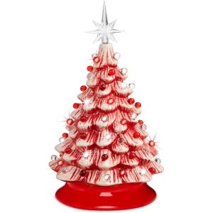 imageBest Choice Products 15in Ceramic Christmas Tree Prelit HandPainted Tabletop Holiday Tree 2 Star Toppers 64 Lights  White wWarm White BulbsPeppermint