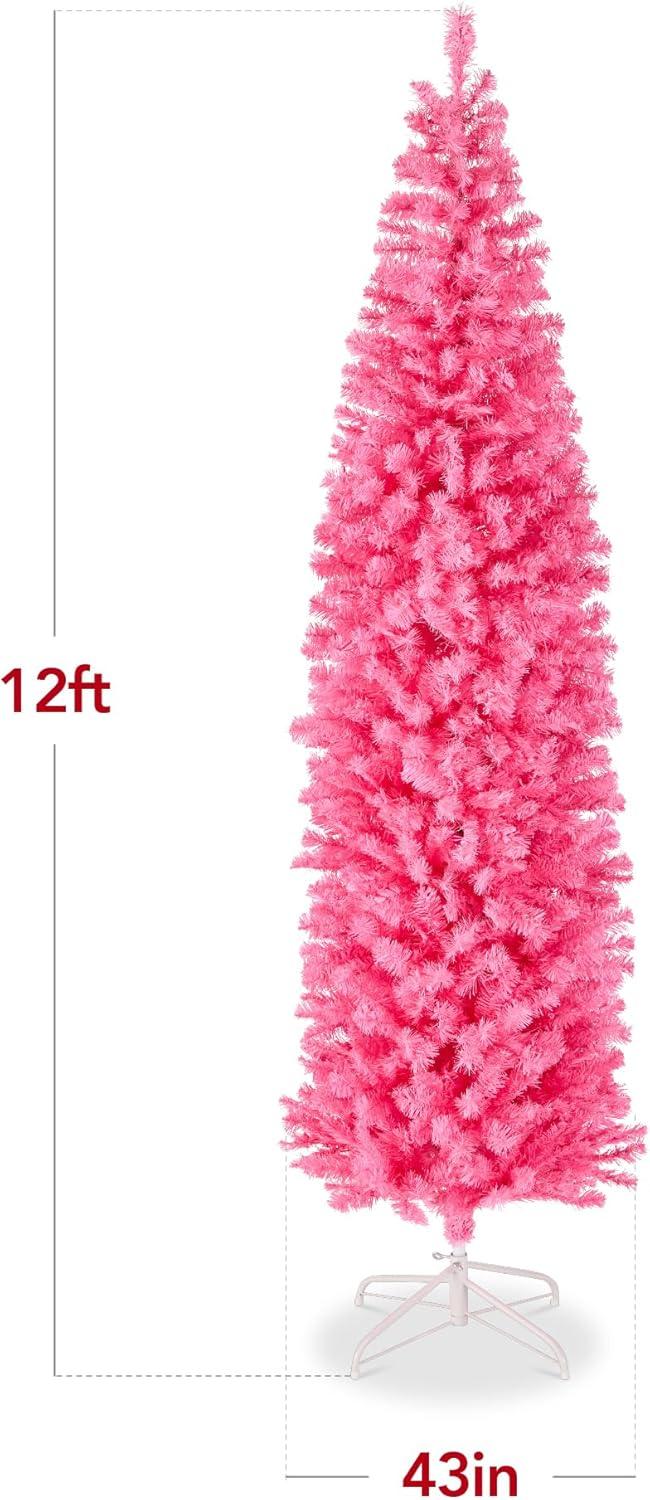 imageBest Choice Products 6ft PreLit Black Pencil Christmas Tree Slim Artificial Skinny Holiday Tree for Home Office Party Decoration w 608 Tips 250 Incandescent Lights Metal BasePink