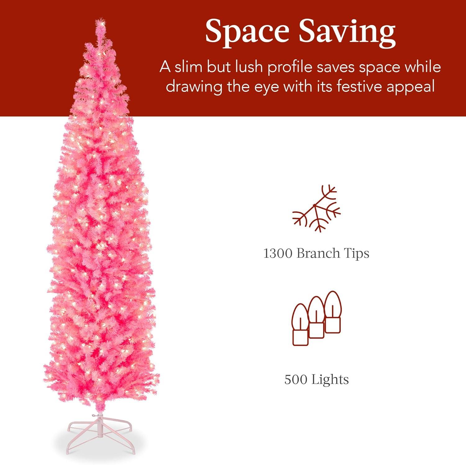 imageBest Choice Products 6ft PreLit Black Pencil Christmas Tree Slim Artificial Skinny Holiday Tree for Home Office Party Decoration w 608 Tips 250 Incandescent Lights Metal BasePink