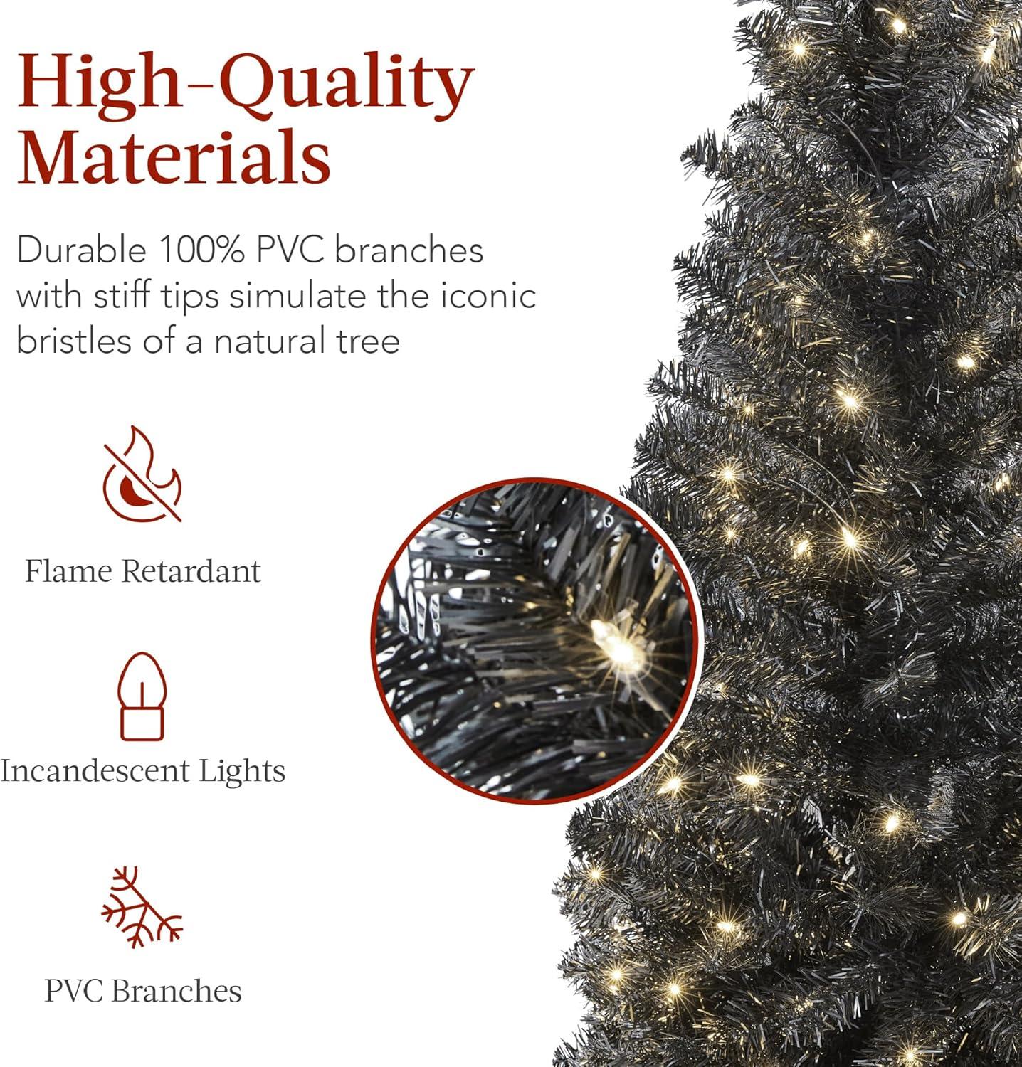 imageBest Choice Products 6ft PreLit Black Pencil Christmas Tree Slim Artificial Skinny Holiday Tree for Home Office Party Decoration w 608 Tips 250 Incandescent Lights Metal BaseBlack