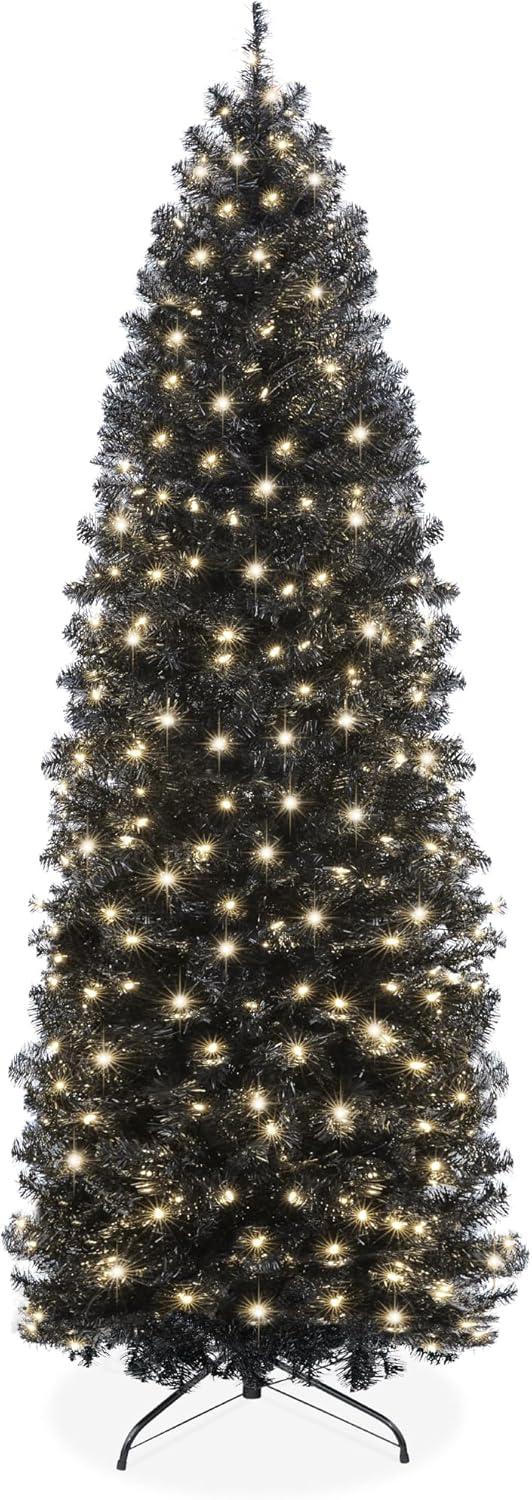 imageBest Choice Products 6ft PreLit Black Pencil Christmas Tree Slim Artificial Skinny Holiday Tree for Home Office Party Decoration w 608 Tips 250 Incandescent Lights Metal BaseBlack