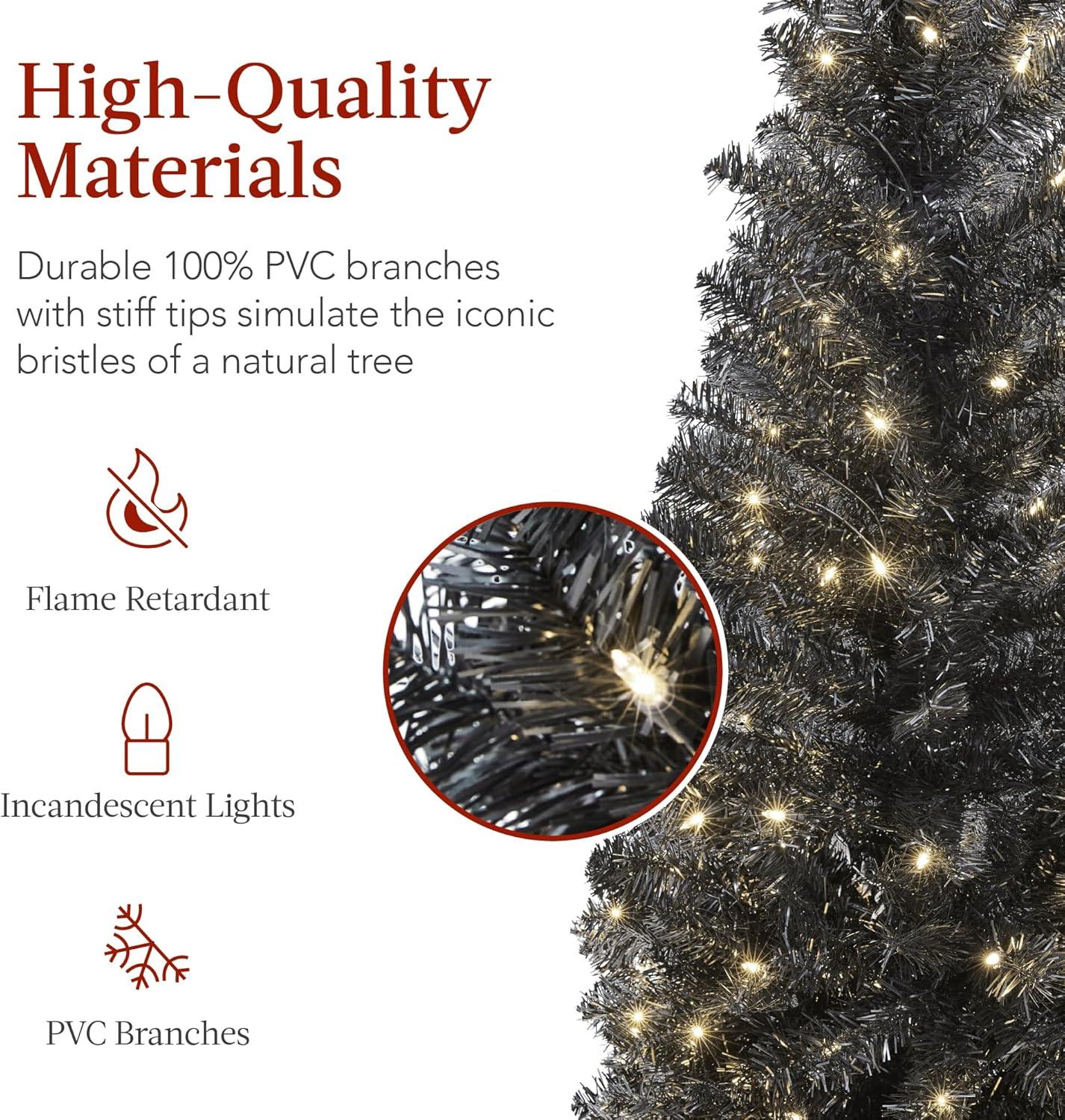 imageBest Choice Products 6ft PreLit Black Pencil Christmas Tree Slim Artificial Skinny Holiday Tree for Home Office Party Decoration w 608 Tips 250 Incandescent Lights Metal BaseBlack