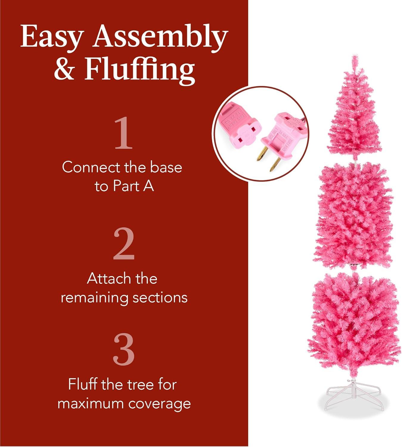 imageBest Choice Products 6ft PreLit Black Pencil Christmas Tree Slim Artificial Skinny Holiday Tree for Home Office Party Decoration w 608 Tips 250 Incandescent Lights Metal BasePink
