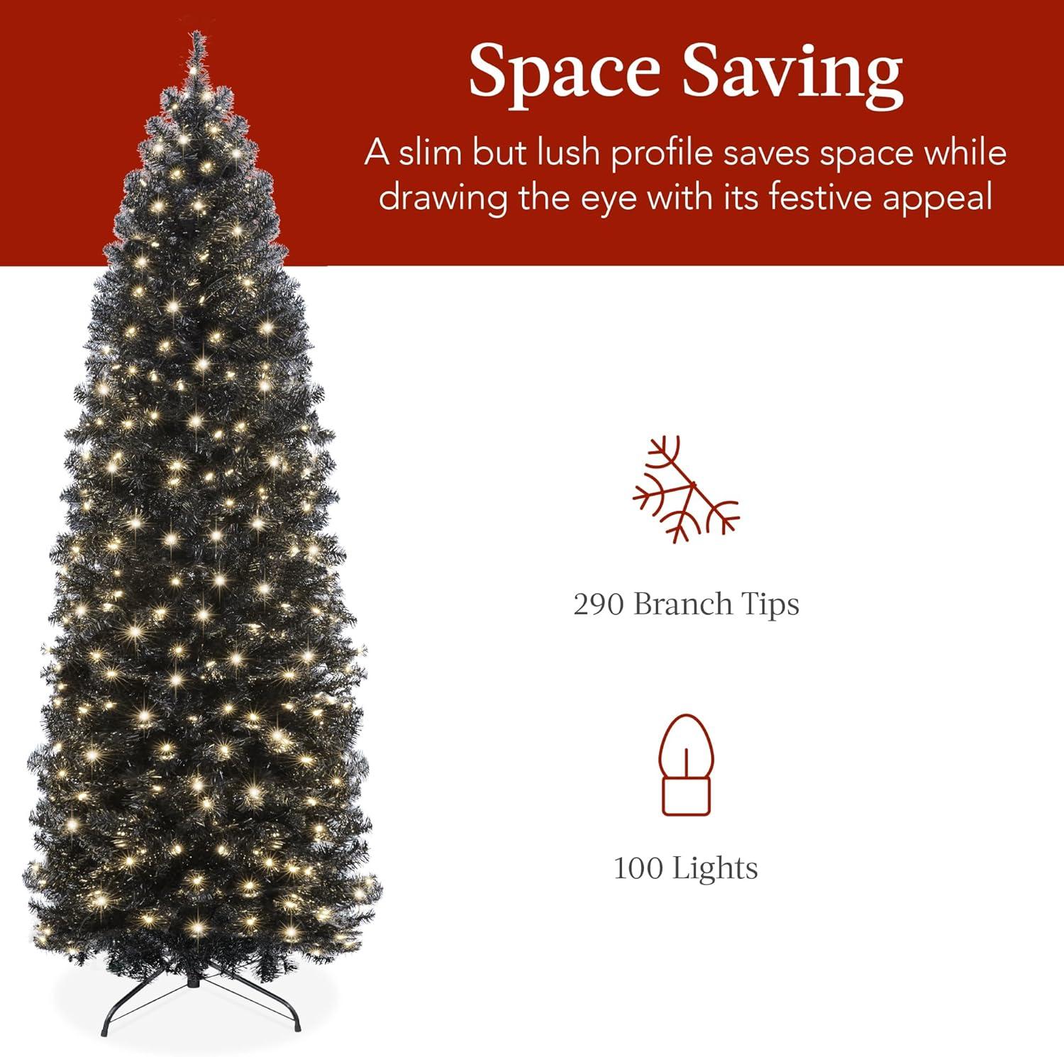 imageBest Choice Products 6ft PreLit Black Pencil Christmas Tree Slim Artificial Skinny Holiday Tree for Home Office Party Decoration w 608 Tips 250 Incandescent Lights Metal BaseBlack