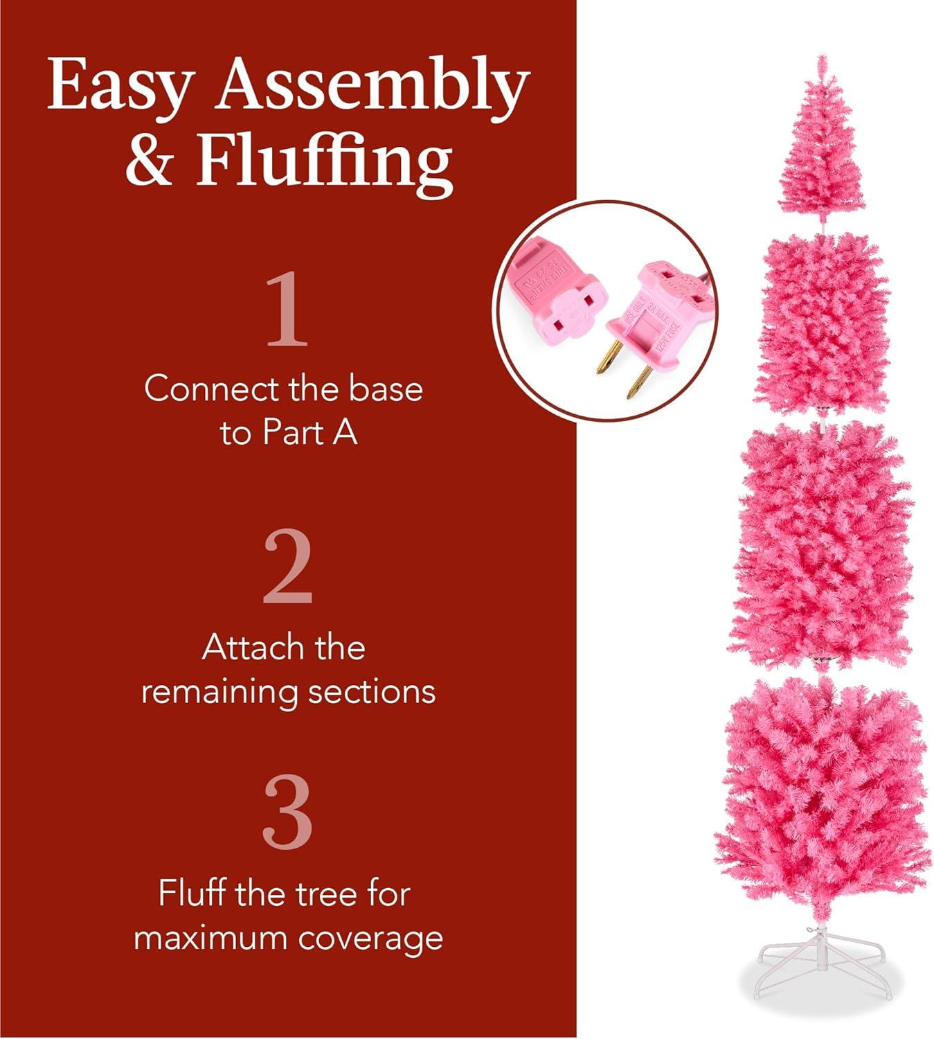imageBest Choice Products 6ft PreLit Black Pencil Christmas Tree Slim Artificial Skinny Holiday Tree for Home Office Party Decoration w 608 Tips 250 Incandescent Lights Metal BasePink