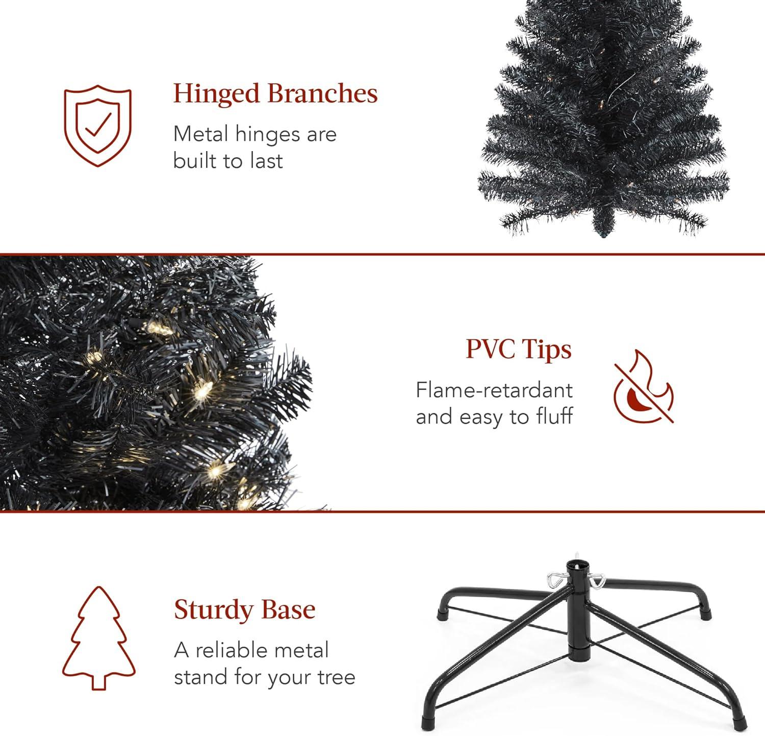 imageBest Choice Products 6ft PreLit Black Pencil Christmas Tree Slim Artificial Skinny Holiday Tree for Home Office Party Decoration w 608 Tips 250 Incandescent Lights Metal BaseBlack