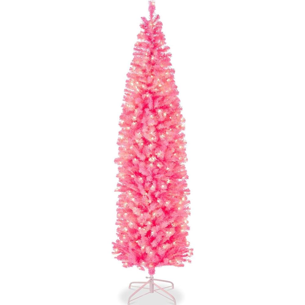 imageBest Choice Products 6ft PreLit Black Pencil Christmas Tree Slim Artificial Skinny Holiday Tree for Home Office Party Decoration w 608 Tips 250 Incandescent Lights Metal BasePink