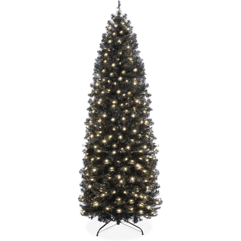 imageBest Choice Products 6ft PreLit Black Pencil Christmas Tree Slim Artificial Skinny Holiday Tree for Home Office Party Decoration w 608 Tips 250 Incandescent Lights Metal BaseBlack