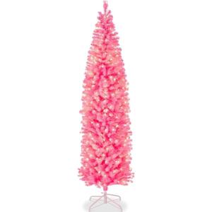 imageBest Choice Products 6ft PreLit Black Pencil Christmas Tree Slim Artificial Skinny Holiday Tree for Home Office Party Decoration w 608 Tips 250 Incandescent Lights Metal BasePink