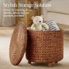 imageBest Choice Products 17quot Round Storage Ottoman WLid Handwoven Water Hyacinth Footstool Accent Side Table Storage Container Plant Stand  ChestnutChestnut