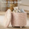 imageBest Choice Products 17quot Round Storage Ottoman WLid Handwoven Water Hyacinth Footstool Accent Side Table Storage Container Plant Stand  ChestnutTransparent White