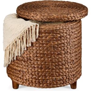 imageBest Choice Products 17quot Round Storage Ottoman WLid Handwoven Water Hyacinth Footstool Accent Side Table Storage Container Plant Stand  ChestnutChestnut
